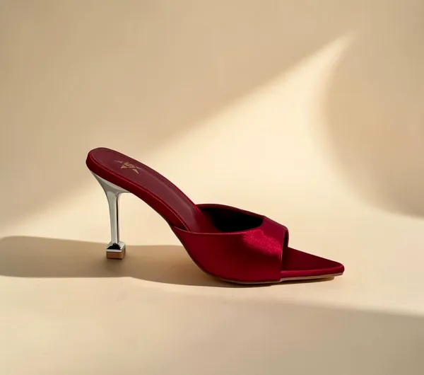 Women'S_Burgundy_Satin_Pointed-Toe_Mule_Heels_With_Metallic_Heel