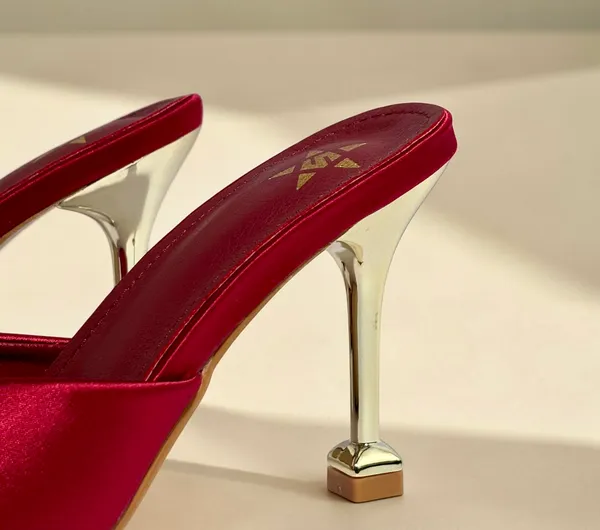 Women'S_Burgundy_Satin_Pointed-Toe_Mule_Heels_With_Metallic_Heel