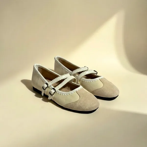 Women'S_Cream_Suede_And_Leather_Mary_Jane_Flats_With_Braided_Strap