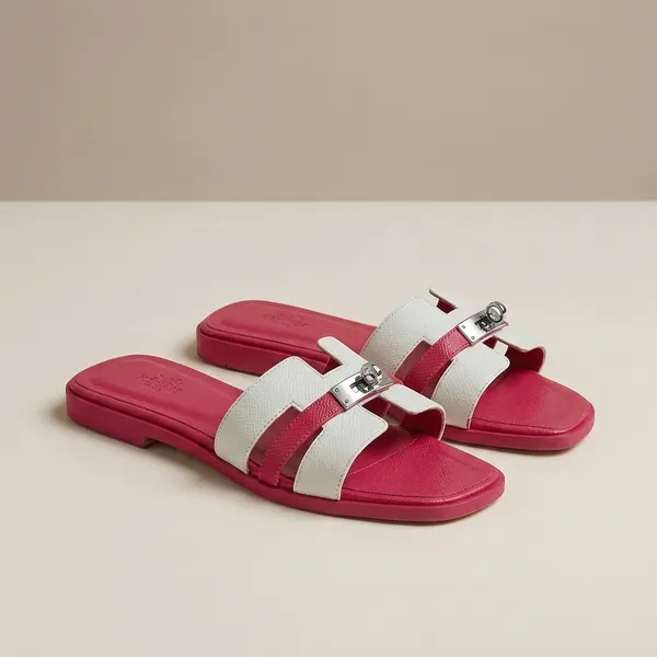 Women's_Red_And_White_H-Strap_Slide_Sandals_With_Metal_Hardware