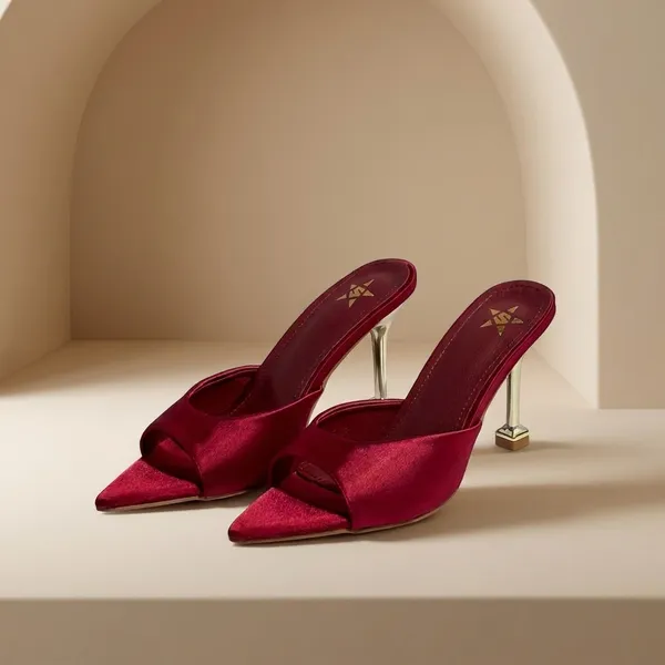 Women'S_Burgundy_Satin_Pointed-Toe_Mule_Heels_With_Metallic_Heel