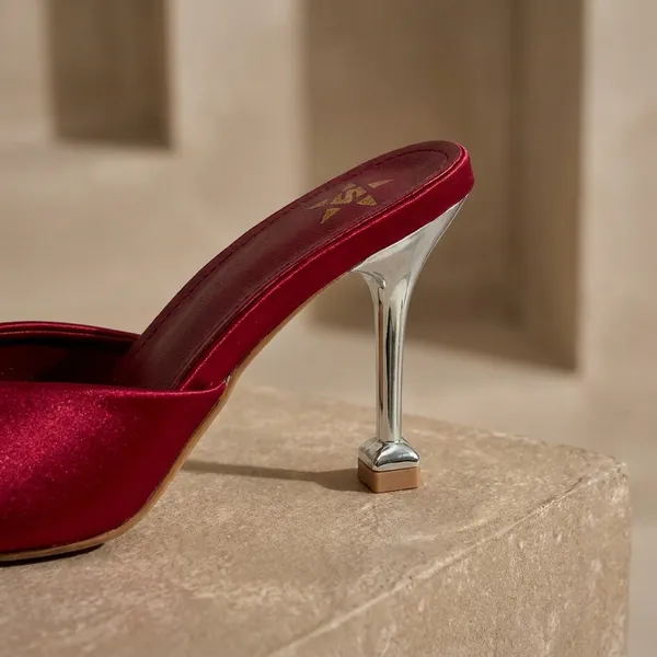 Women'S_Burgundy_Satin_Pointed-Toe_Mule_Heels_With_Metallic_Heel