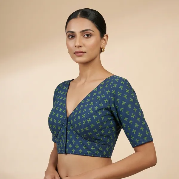 Navy_Blue_Floral_Print_Readymade_Blouse_With_Short_Sleeves