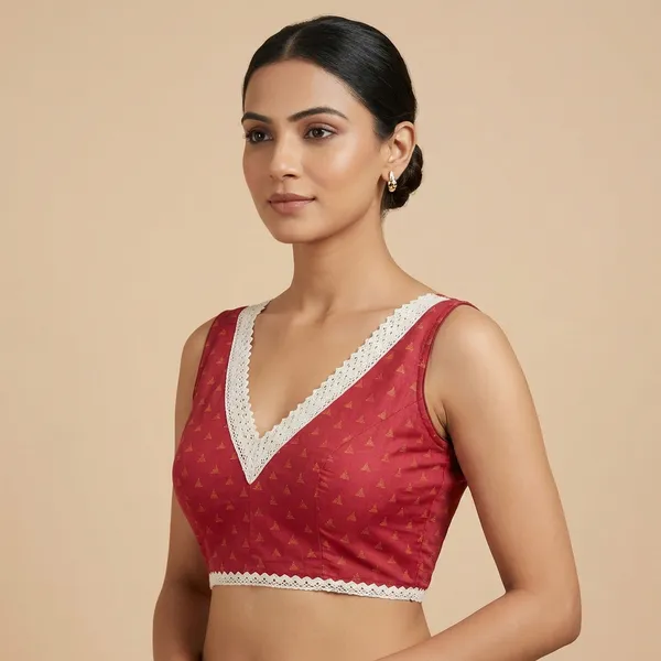 Red_Jacquard_Blouse_With_White_Lace_V_Neck_Trim