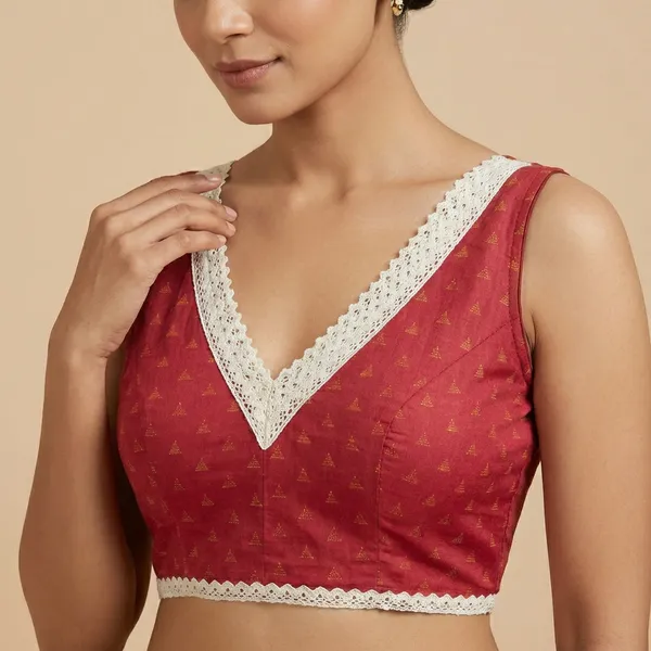 Red_Jacquard_Blouse_With_White_Lace_V_Neck_Trim