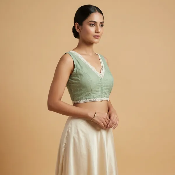 Light_Green_Sleeveless_Saree_Blouse_With_Lace_Border