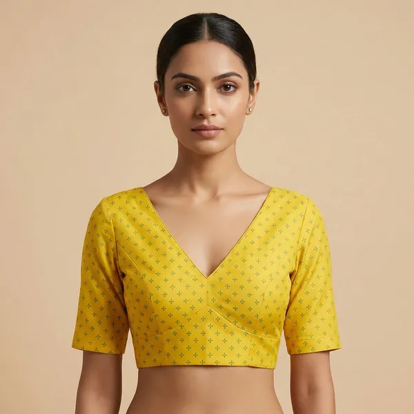 Yellow_Printed_Puffed_Sleeves_And_Deep_V_Neck_Blouse