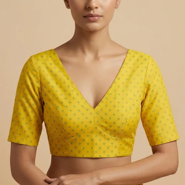 Yellow_Printed_Puffed_Sleeves_And_Deep_V_Neck_Blouse
