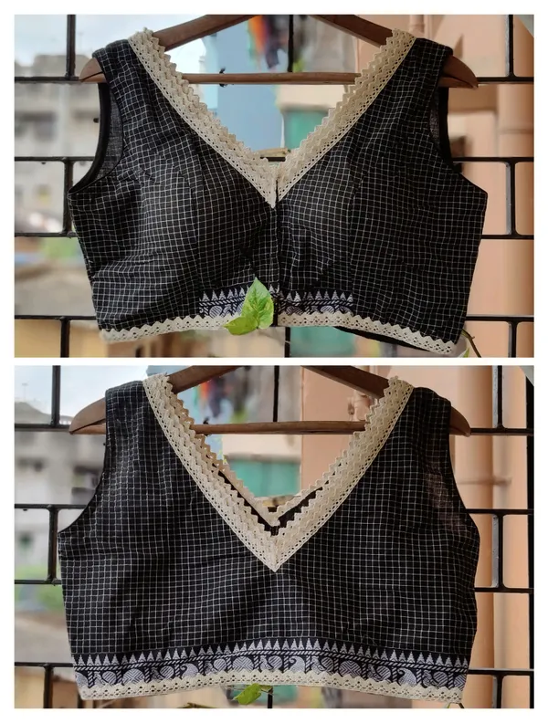 Black_Checkered_V_Neck_Cotton_Bralette_With_Lace_Trim