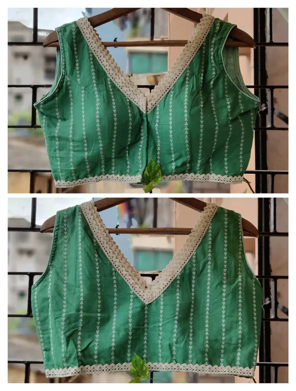 Green_Sleeveless_Embroidered_Saree_Blouse_With_Golden_Lace_Trim