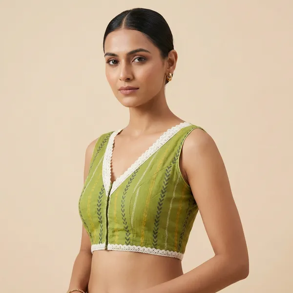 Olive_Green_Sleeveless_Blouse_With_Lace_Trim_And_Striped_Pattern
