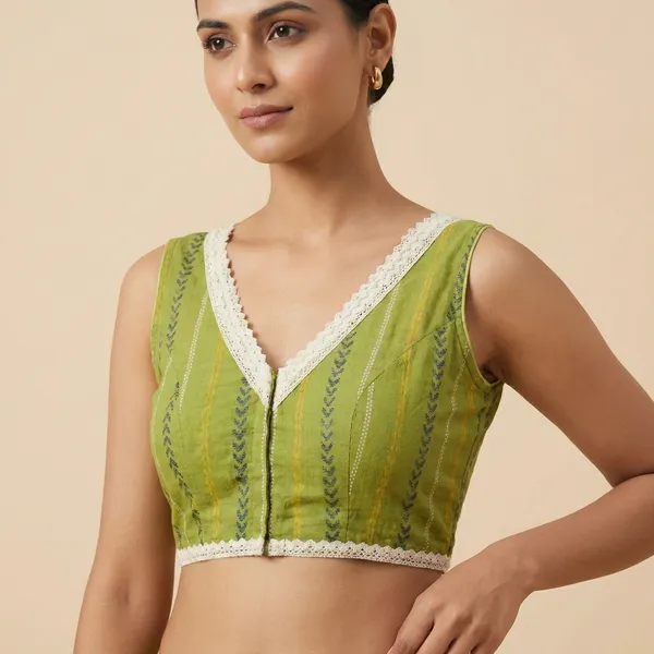 Olive_Green_Sleeveless_Blouse_With_Lace_Trim_And_Striped_Pattern