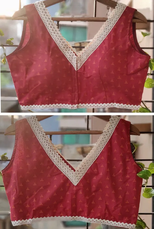 Red_Jacquard_Blouse_With_White_Lace_V_Neck_Trim
