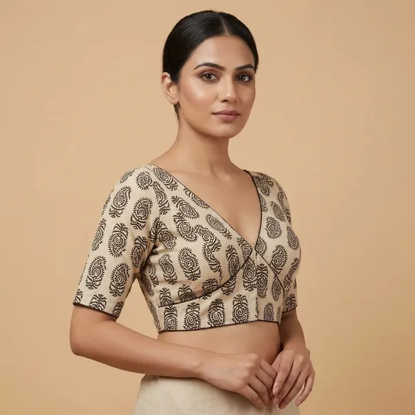 Beige_And_Black_Printed_Blouse_With_Flared_Sleeves