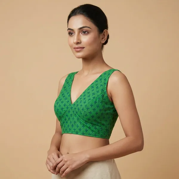 Green_Printed_Cotton_Blouse_With_Front_Hook_Closure