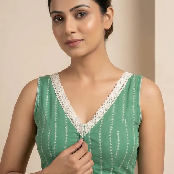 Green_Sleeveless_Embroidered_Saree_Blouse_With_Golden_Lace_Trim