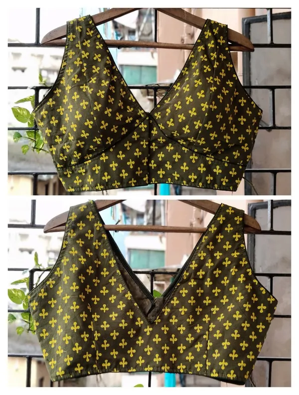 Olive_Green_Fleur_De_Lis_Print_Blouse_With_V_Neck