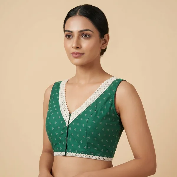Green_Triangle_Print_Ethnic_Blouse_With_Lace_Border