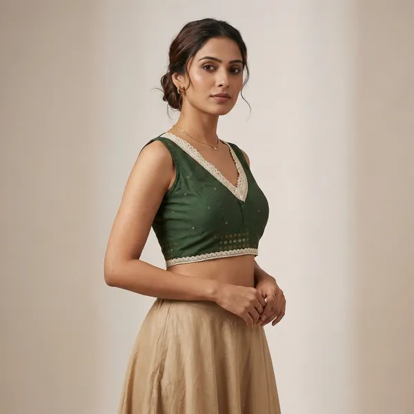 Bottle_Green_Sleeveless_Saree_Blouse_With_Lace_Border