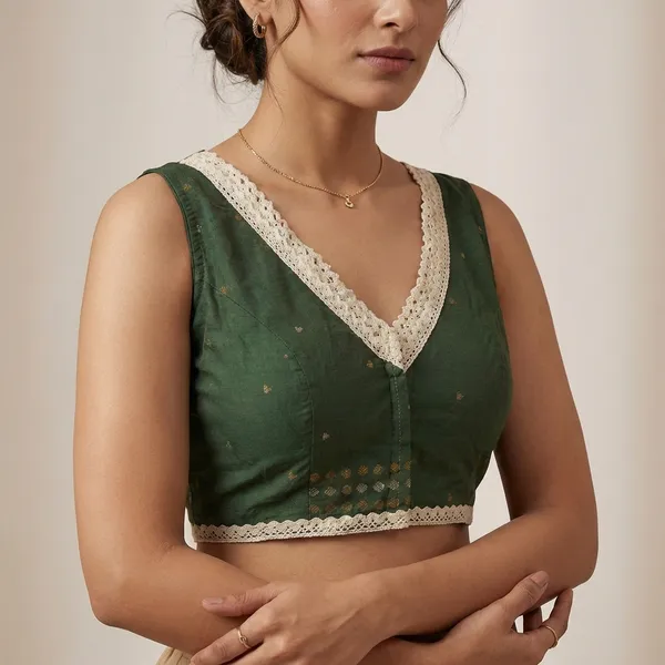 Bottle_Green_Sleeveless_Saree_Blouse_With_Lace_Border