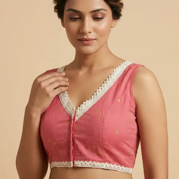Red_Embroidered_V_Neck_Sleeveless_Blouse_With_Lace_Border