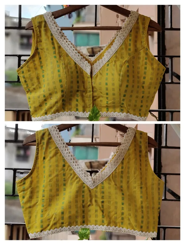 Yellow_Printed_Sleeveless_Blouse_With_Lace_Trim