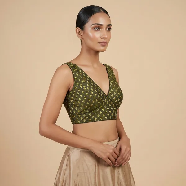 Olive_Green_Fleur_De_Lis_Print_Blouse_With_V_Neck