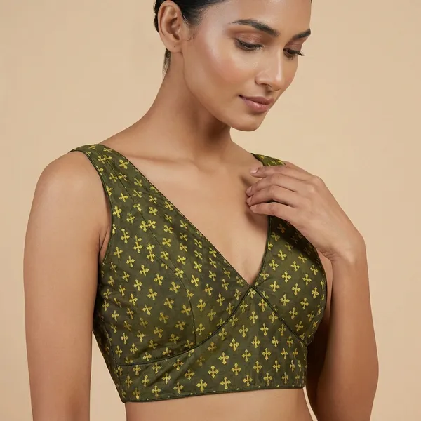 Olive_Green_Fleur_De_Lis_Print_Blouse_With_V_Neck