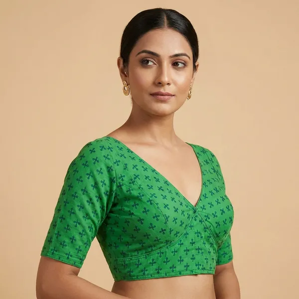 Green_Floral_Puff_Sleeve_Crop_Top_With_Button_Front