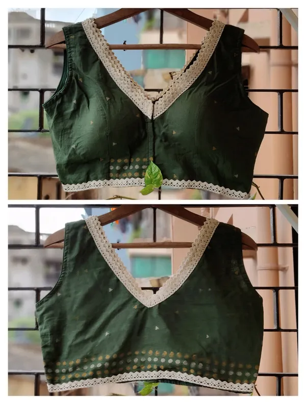 Bottle_Green_Sleeveless_Saree_Blouse_With_Lace_Border
