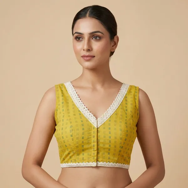 Yellow_Printed_Sleeveless_Blouse_With_Lace_Trim