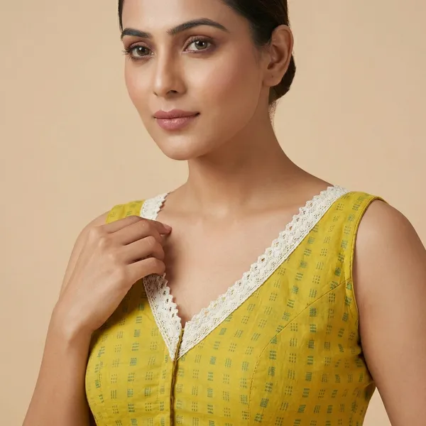 Yellow_Printed_Sleeveless_Blouse_With_Lace_Trim
