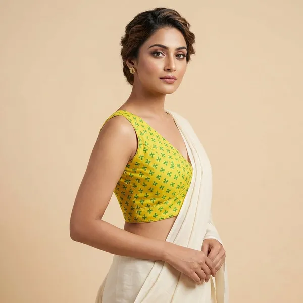 Yellow_Floral_Print_Blouse_With_Front_Hooks_And_V_Back_Design