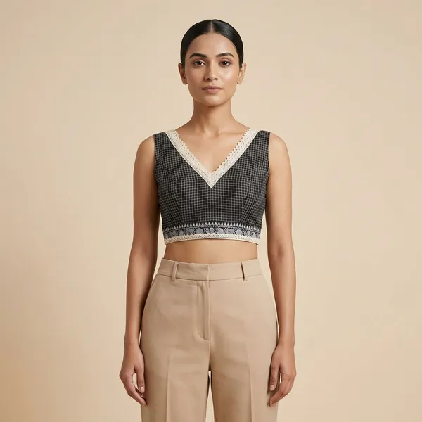 Black_Checkered_V_Neck_Cotton_Bralette_With_Lace_Trim