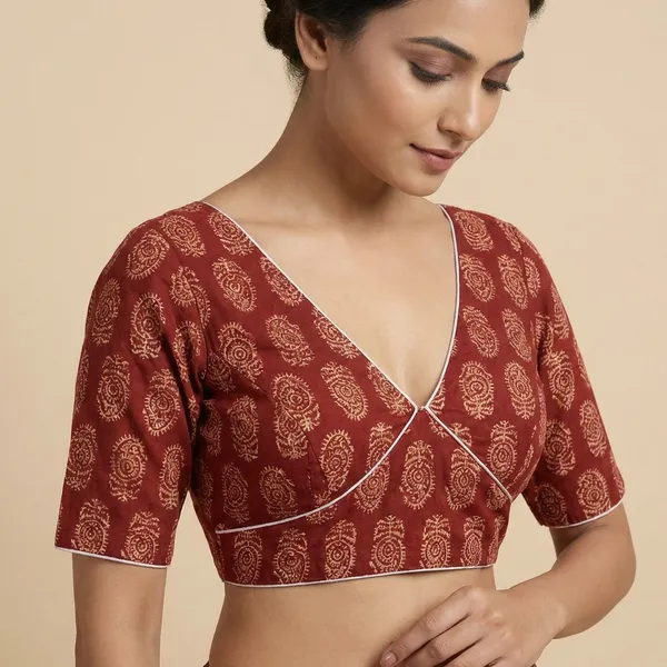 Red_Ethnic_Printed_Saree_Blouse_With_Deep_V_Neck