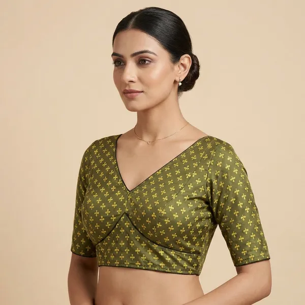Olive_Green_Floral_Print_Readymade_Saree_Blouse