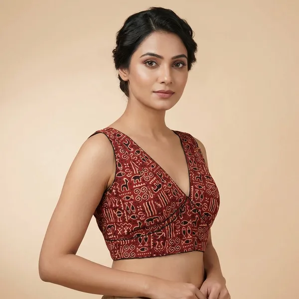 Maroon_Printed_Blouse_With_Deep_Neck_Design