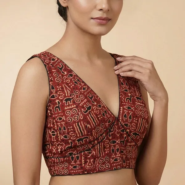 Maroon_Printed_Blouse_With_Deep_Neck_Design