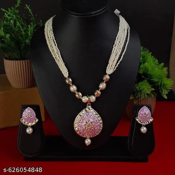 Pink_And_Gold_Elegant_Pink_Enamel_Pearl_Necklace_Set_For_Women