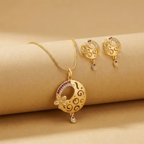 Gold_Floral_Swirl_Gold_Pendant_Necklace_Set_For_Women