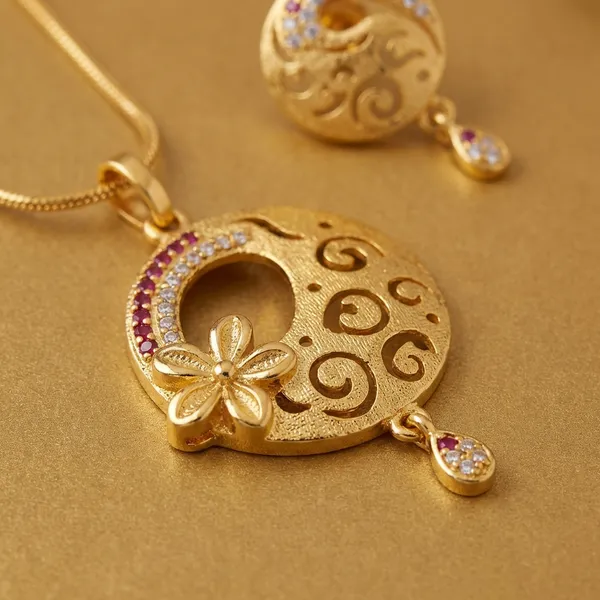 Gold_Floral_Swirl_Gold_Pendant_Necklace_Set_For_Women
