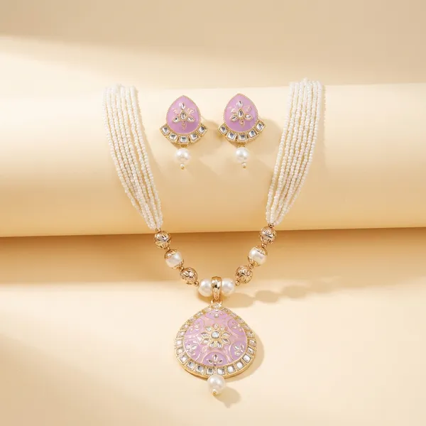 Pink_And_Gold_Elegant_Pink_Enamel_Pearl_Necklace_Set_For_Women