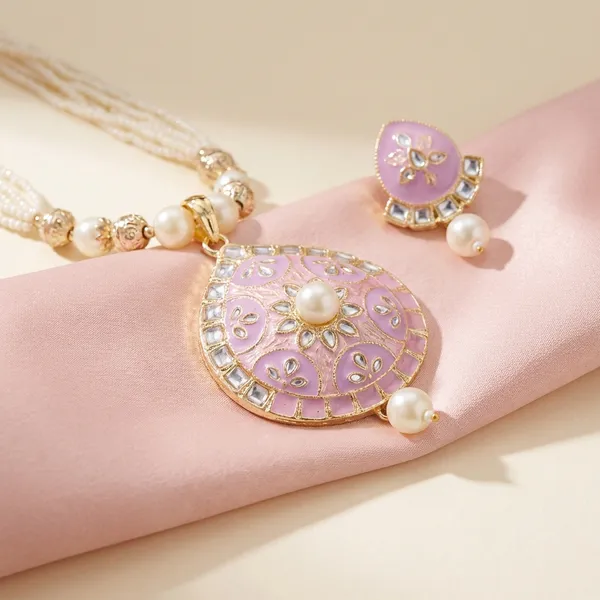 Pink_And_Gold_Elegant_Pink_Enamel_Pearl_Necklace_Set_For_Women