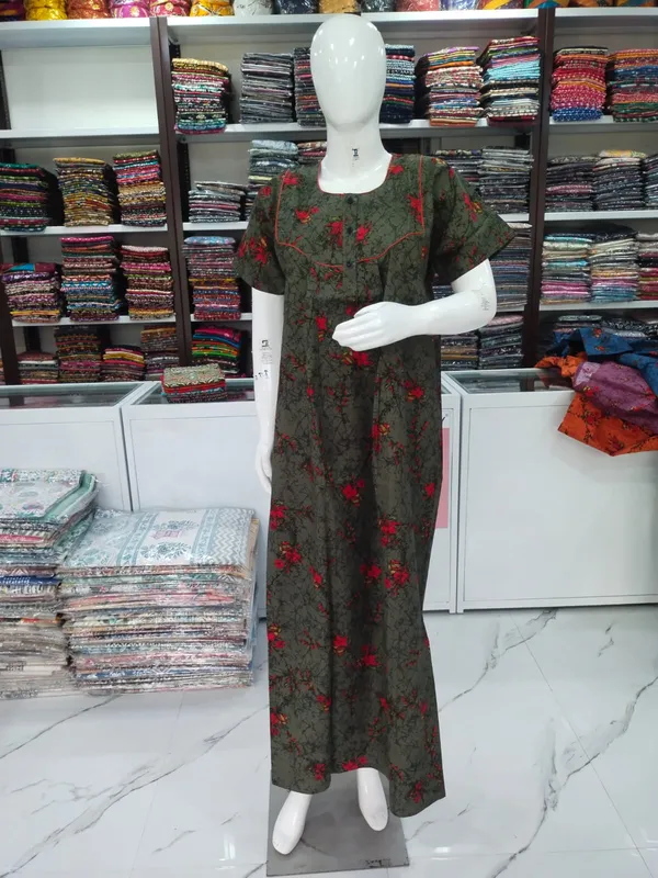 Mehendi_Green_Pure_Cotton_Nighty_For_Women