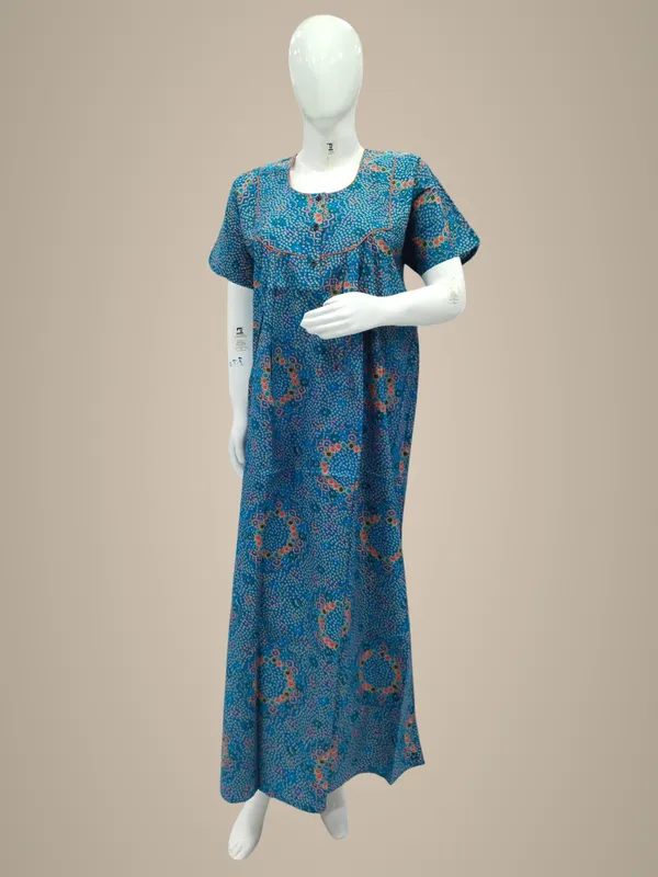 Firozi_Blue_Pure_Cotton_Nighty_For_Women