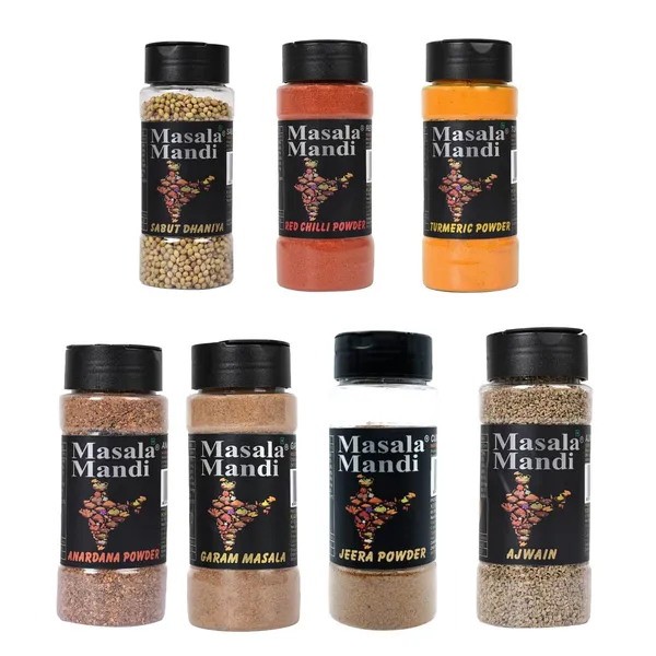 Combo_Pack_Of_Everyday_Needs_Turmeric_Powder_Red_Chilli_S_Sabut_Dhaniya_Ajwain_Jeera_S_Garam_Masala_Anardana_Powder_Pack_Of_7_Spices_100_Gram
