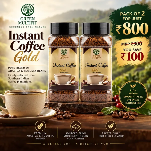 GREENMULTIFIT_Pack_of_2_Instant_Coffee_Gold_Freeze_Dried_Coffee_60g_Pet_Jar_X_2_|_Rich_Aroma_Premium_|_Freeze-dried_for_rich_aroma_|_Blend_of_Arabica_+_Robusta_|_Southern_Indian_beans