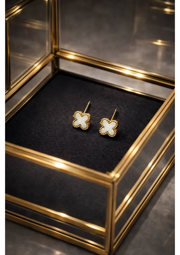 Elegant_White_Clover_Stud_Earrings__With_Gold_Border_–_1_Pair