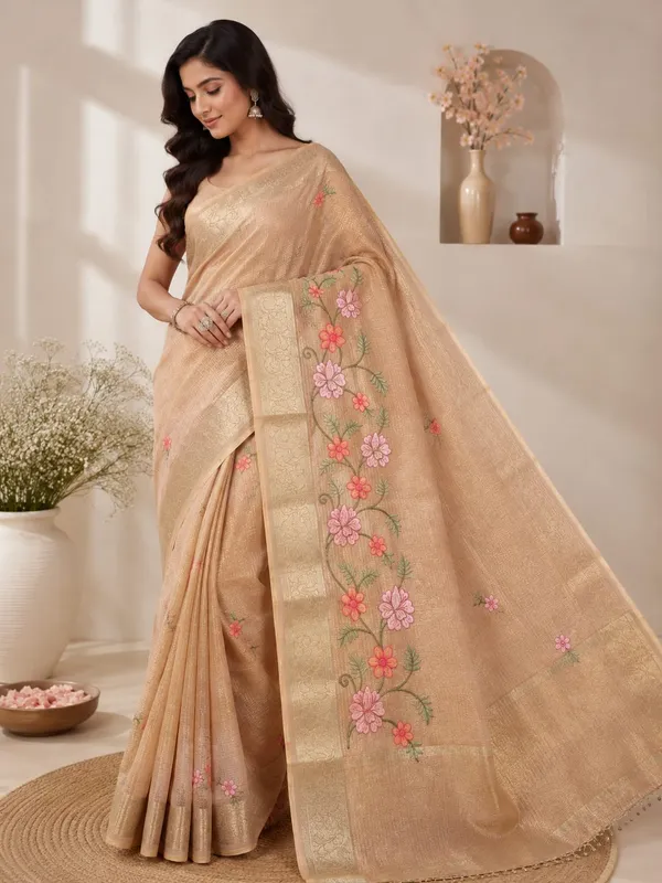 Peach_Gold_Floral_Embroidered_Saree