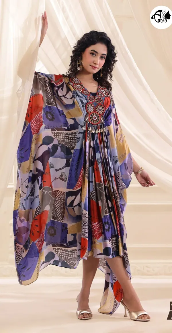 Multicolor_Abstract_Print_Designer_Kaftan_Dress_with_Embellished_Neckline